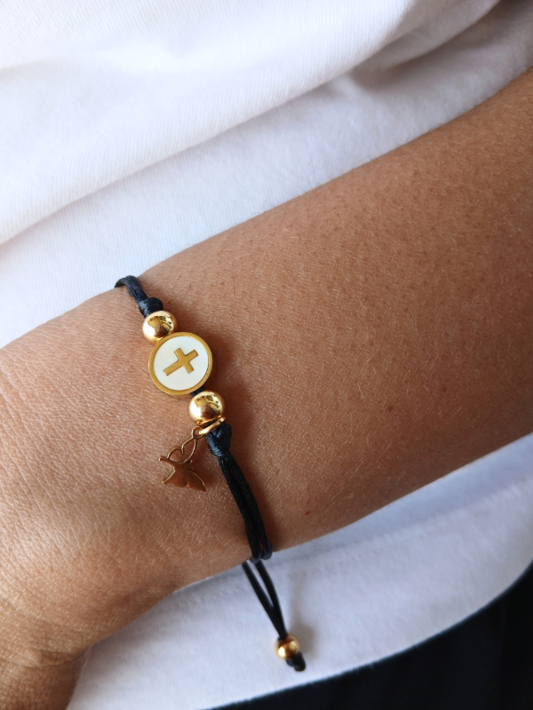Pulsera ajustable Cruz Hilo negro satinado