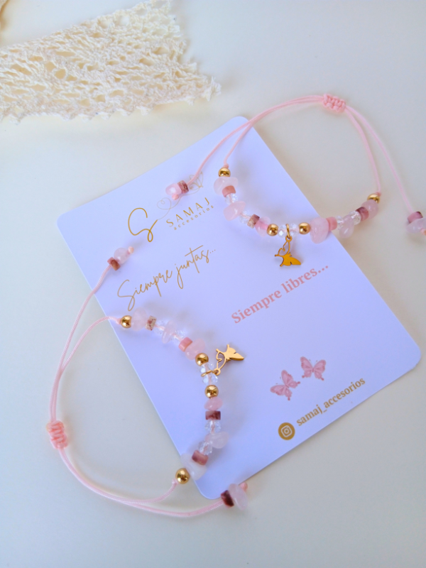 Pulseras ajustables Mariposas cuarzo rosa