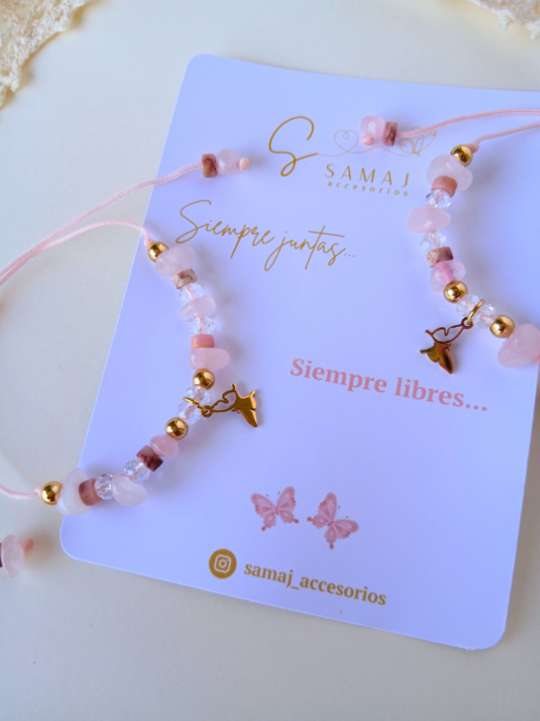 Pulseras ajustables Mariposas cuarzo rosa