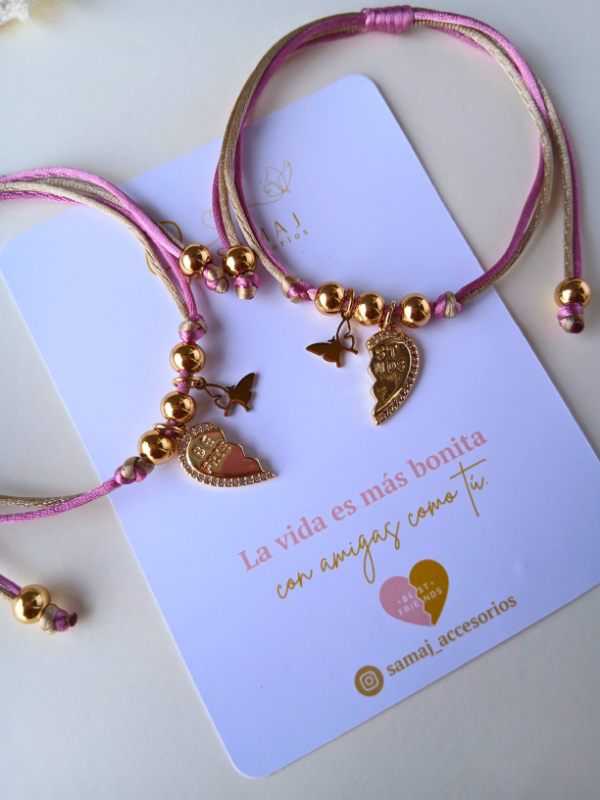 Pulseras ajustables hilo satinado corazón best friends