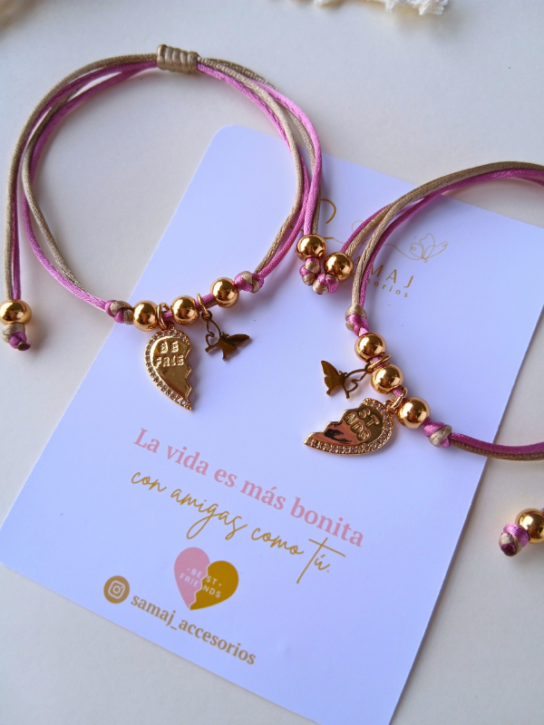 Pulseras ajustables hilo satinado corazón best friends