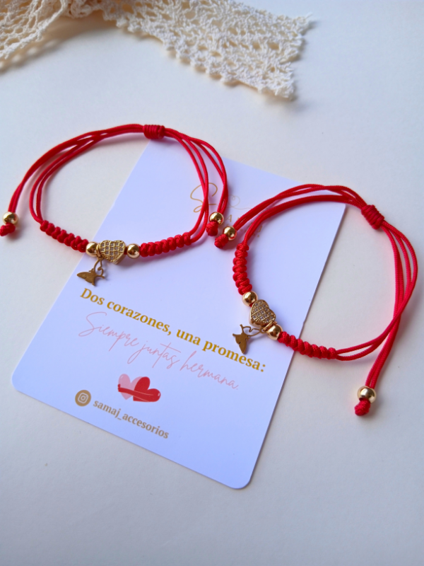 Pulseras hilo tejido rojo corazón set de 2