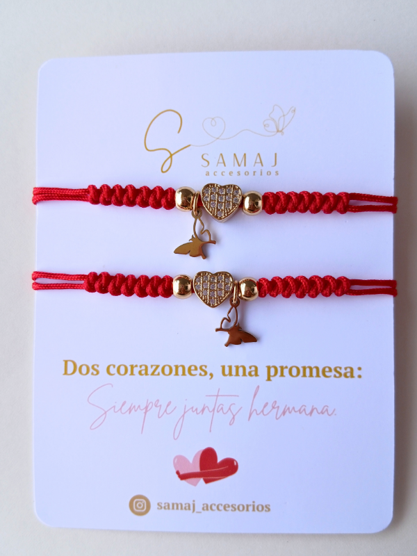 Pulseras hilo tejido rojo corazón set de 2