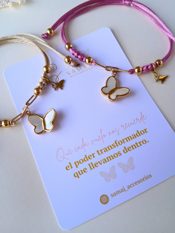 Pulseras ajustables mariposa blanca con cadena e hilos satinados set de 2