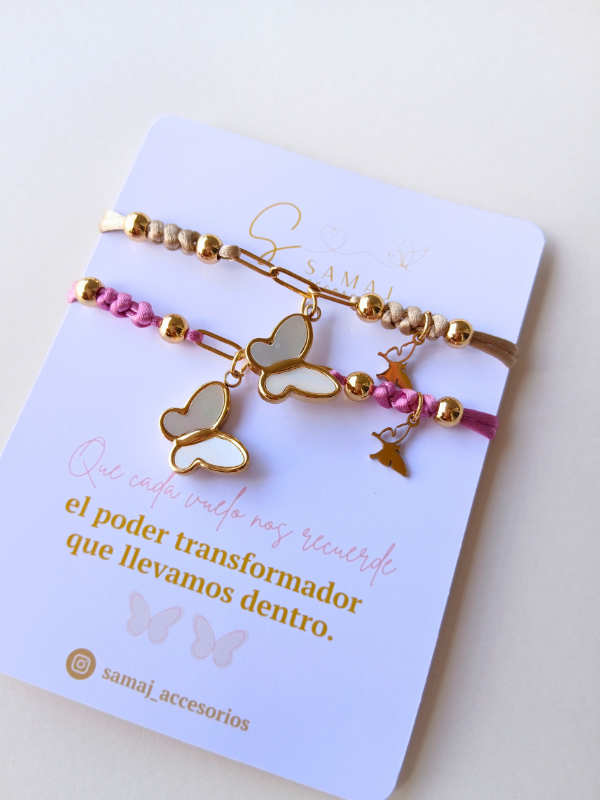 Pulseras ajustables mariposa blanca con cadena e hilos satinados set de 2