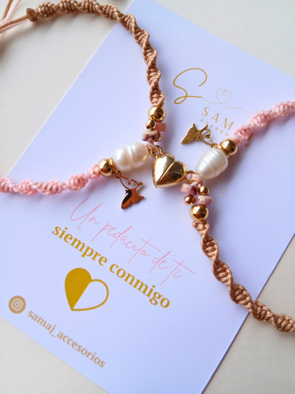 Pulseras ajustables tejidas en macramé - dije imán de corazón