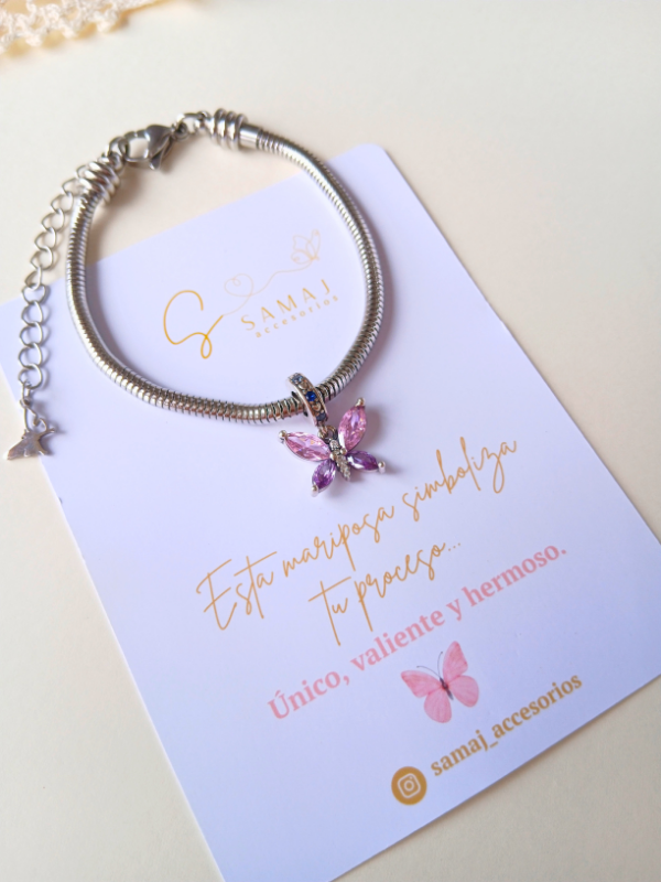 Pulsera cadena de serpiente en acero inoxidable + charm mariposa en plata 925