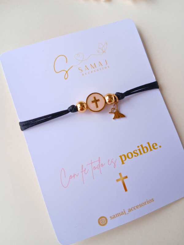 Pulsera ajustable Cruz Hilo negro satinado
