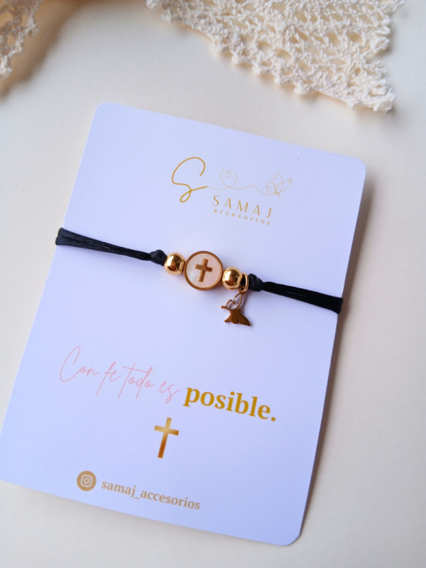 Pulsera ajustable Cruz Hilo negro satinado