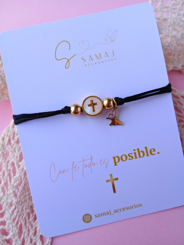 Pulsera ajustable Cruz Hilo negro satinado