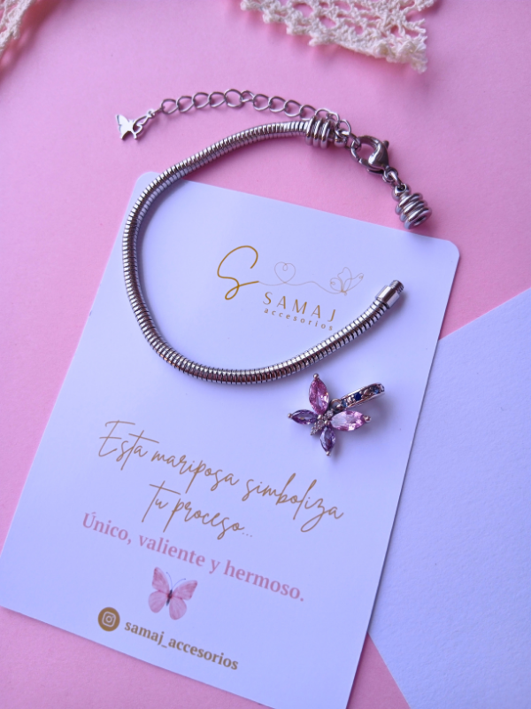 Pulsera cadena de serpiente en acero inoxidable + charm mariposa en plata 925
