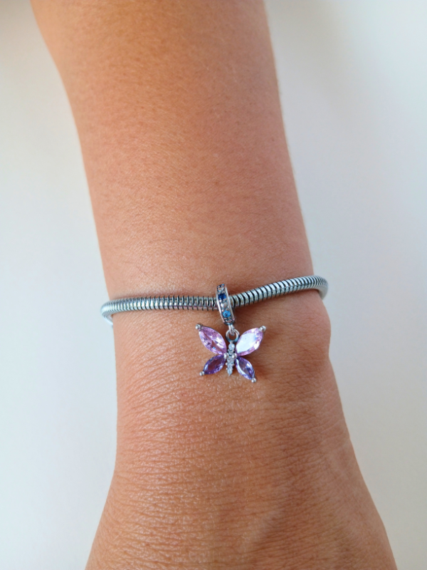 Pulsera cadena de serpiente en acero inoxidable + charm mariposa en plata 925