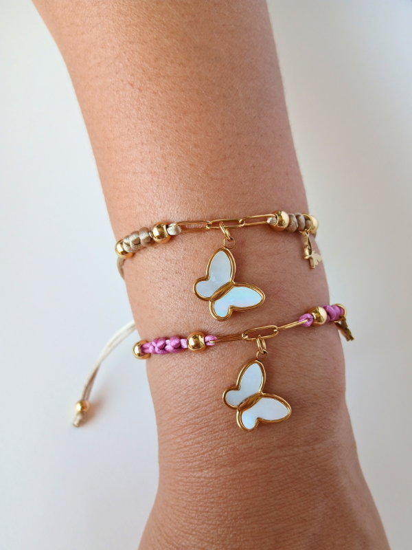 Pulseras ajustables mariposa blanca con cadena e hilos satinados set de 2